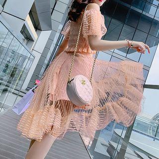 Set: Shirred Off-shoulder Short-sleeve Top + High-low A-line Skirt