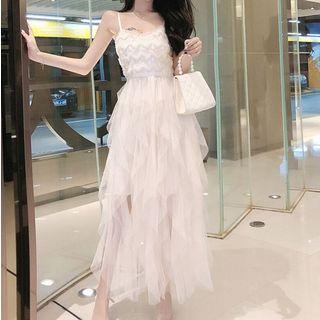 Spaghetti Strap Ruffled Mesh Paneled A-line Maxi Dress