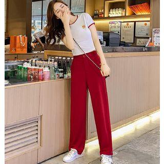 Set: Printed Contrast Trim Short-sleeve T-shirt + High-waist Wide-leg Pants