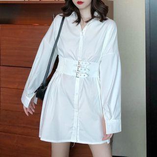 Long-sleeve Buckled Mini A-line Shirt Dress