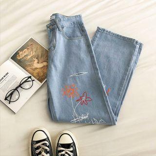 Printed High-waist Straight-cut Jeans