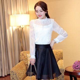 Pleated Lace-panel Blouse