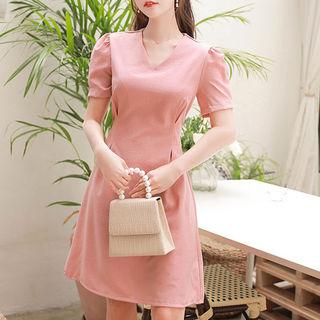 V-neck Puff-sleeve Pleated Midi Dress