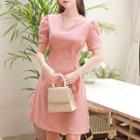 V-neck Puff-sleeve Pleated Midi Dress