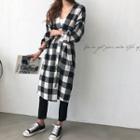 Check Long Open Cardigan With Sash Black - One Size