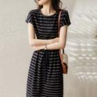Short-sleeve Striped Midi A-line Dress Black - One Size