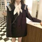 Striped Loose-fit Jacket / Plain Long-sleeve Blouse