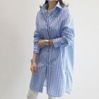 Long-sleeve Striped Loose Fit Side Slit Shirt