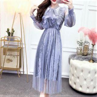 Long-sleeve Tie-neck Mesh Overlay Midi A-line Dress