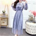 Long-sleeve Tie-neck Mesh Overlay Midi A-line Dress