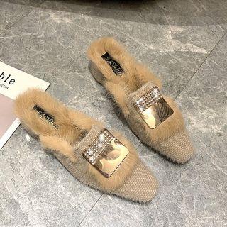 Furry-trim Low-heel Sandals