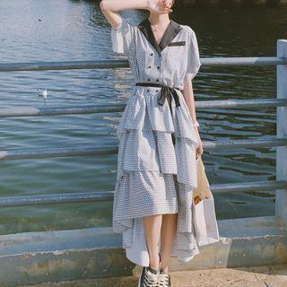 Short-sleeve Printed Asymmetrical Midi Tiered Dress