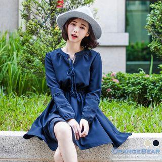 Plain Drawstring Neck Lace High Waist Dress
