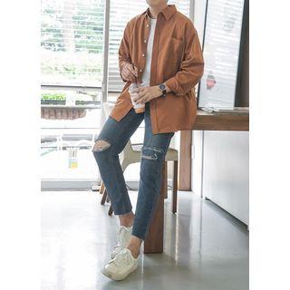 Set: Long-sleeve Colored Shirt + Cut-off Detailed Distressed Jeans