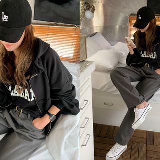 Drop-shoulder Zip-up Hoodie Black - One Size