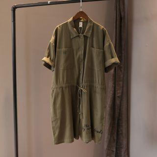 Short-sleeve Lettering Shirt Dress Green - One Size