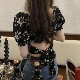 Puff-sleeve Square-neck Floral Lace-up Cropped Top Black - One Size