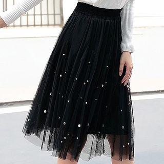 Faux Pearl Midi Mesh Skirt