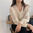 Long-sleeve Embroidered Frill Trim Blouse Almond - One Size