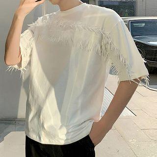 Elbow-sleeve Fringed Panel T-shirt