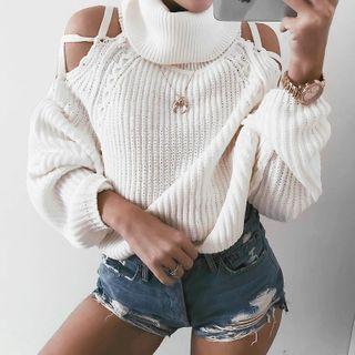 Turtleneck Cold-shoulder Tie-strap Sweater
