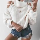 Turtleneck Cold-shoulder Tie-strap Sweater