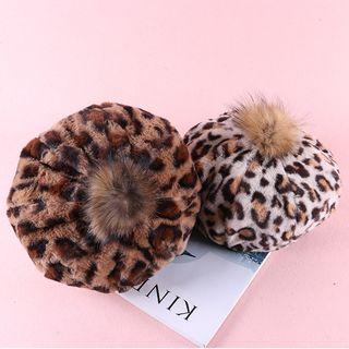 Leopard Patterned Pom Pom Beret