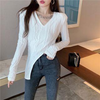 Long-sleeve V-neck Irregular Cropped T-shirt