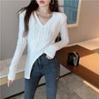 Long-sleeve V-neck Irregular Cropped T-shirt