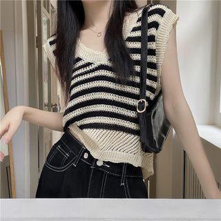 Sleeveless V-neck Striped Knit Top Almond - One Size