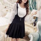 Set: 3/4 Sleeve Lace Top + Pleated Pinafore Culottes