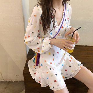 Color-block V-neck Long-sleeve Blouse / High-waist Skirt