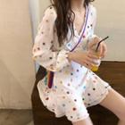 Color-block V-neck Long-sleeve Blouse / High-waist Skirt