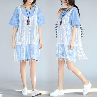 Set: Striped Elbow-sleeve Dress + Fringed Hem Lace Vest Blue - One Size