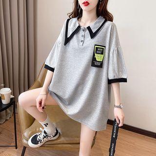 Elbow-sleeve Collar Applique T-shirt