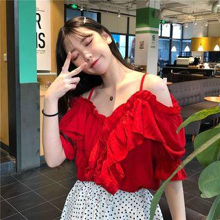 Ruffle Off Shoulder Elbow-sleeve Top