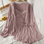 Set: Lace-trim Camisole + Hooded Light Cardigan + Shorts