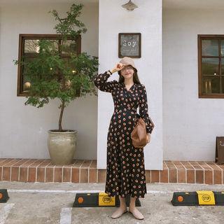 Shirred-detail Floral Maxi Wrap Dress Dark Navy Blue - One Size