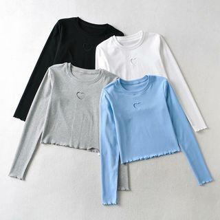 Long-sleeve Frill Trim Heart Cutout Cropped T-shirt