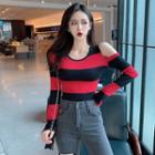 Striped Cutout Long-sleeve Slim-fit Top