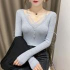Long-sleeve Lace Trim Ribbed Knit Top