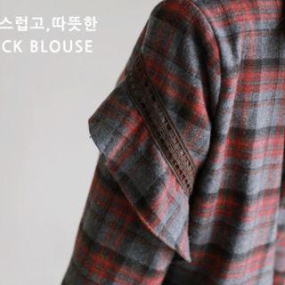 Crochet-trim Plaid Flannel Blouse