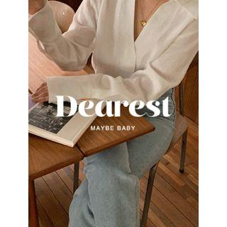 Open-placket Linen Blend Blouse One Size