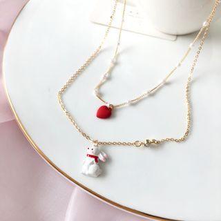 Rabbit Heart Layered Necklace 1 Pc - Gold & White & Gold - One Size