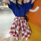 Short-sleeve Lettering T-shirt / Plaid A-line Mini Skirt