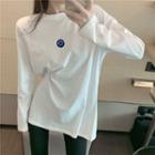Long-sleeve Smiley Face Embroidered T-shirt White - One Size