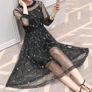 Set: Flower Embroidered 3/4 Sleeve Mesh Dress + Slipdress