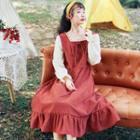 Square-toe Puff-sleeve Midi A-line Dress