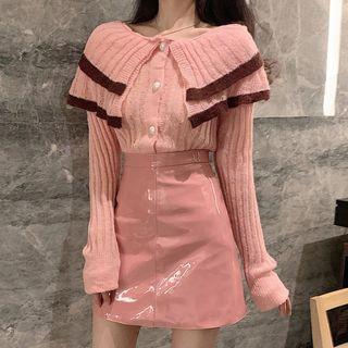 Collared Ribbed Cardigan / Patent A-line Skirt