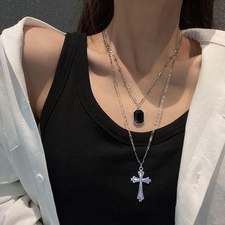 Cross Faux Crystal Pendant Layered Stainless Steel Necklace X343 - Silver - One Size